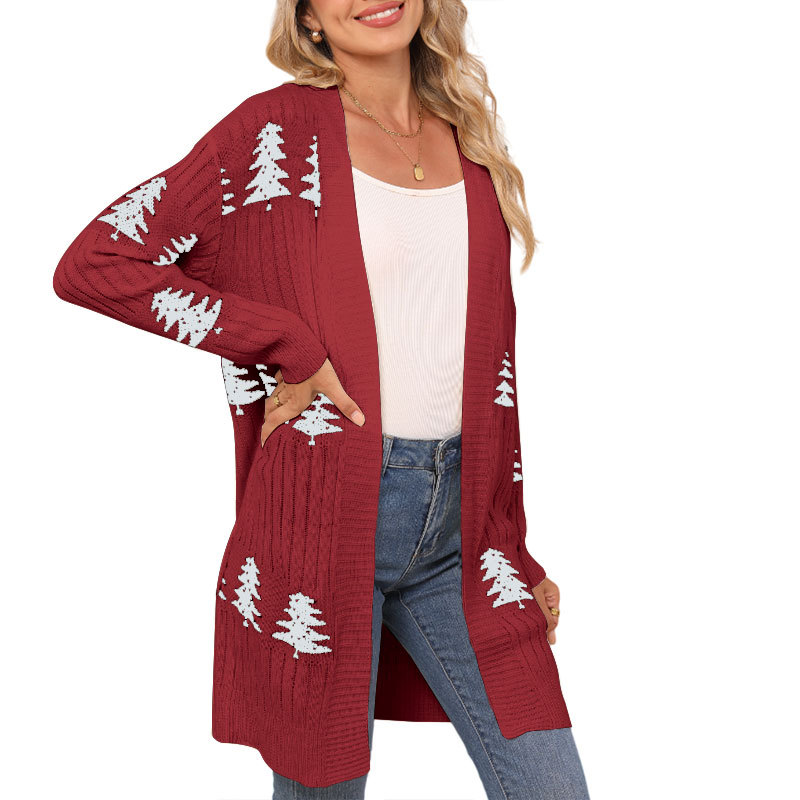 Womens Christmas Tree Pattern Long Cardigan Winter Open Front Knit Sweater